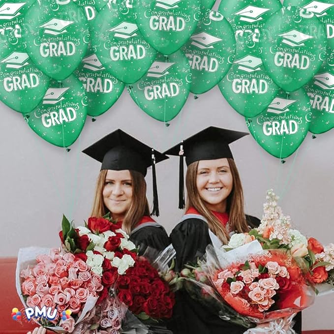 PMU 100 Pcs Crystal Green Graduation Balloons Class of 2025 with All-Over Print White Grad Caps-Confetti and Streamers | Graduation Party Supplies | Congratulations Grad Latex Balloons Latex