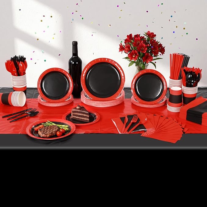 452 Pcs Red and Black Party Decorations, Red and Black Paper Plates Cups Napkins Tablecloth Cutlery Straws Baby Shower Wedding Birthdays Party Supplies, 50 Guests