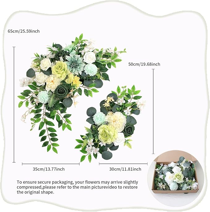 Pack of 2 Wedding Arch Decorations Artificial Hanging Flowers Floral Swag for Wedding Welcome Sign Backdrop Balloon Arch Home Party Bridal Ceremony Reusable(White Green)