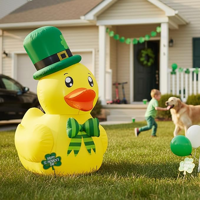 5FT St. Patrick's Day Inflatable Duck, Blow Up Duck with Shamrock Hat and Bow, Outdoor Decoration with LED Lights for Yard, Garden, Lawn, Home, Party Decor