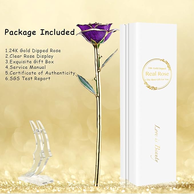 Anniversary Rose Gift for Wife, Forever 24k Gold Real Rose and Best for her Rose, Purple with Stand