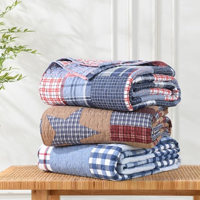 Cotton Bedding Quilt Sets Reversible All Season Real Patchwork Coverlet Sets All Season Blue Bedspread, Houndstooth Plaid Pattern, King Size