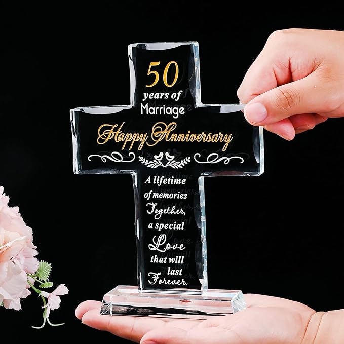 YWHL 50th Wedding Anniversary Religious Cross Gifts for Women Men, 50 Year Anniversary Romantic Gift for Him Her, Laser Engraved Glass Standing Cross Keepsake for Couple, 50 Years of Marriage Present