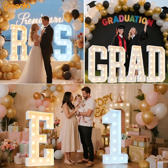 Pooqla 4 FT Marquee Light Up Letters, Cool White and Warm White Marquee Letter 4 Feet Tall, Giant LED Sign Big Mosaic Letter D for Balloons Birthday Party Anniversary Wedding Decorations