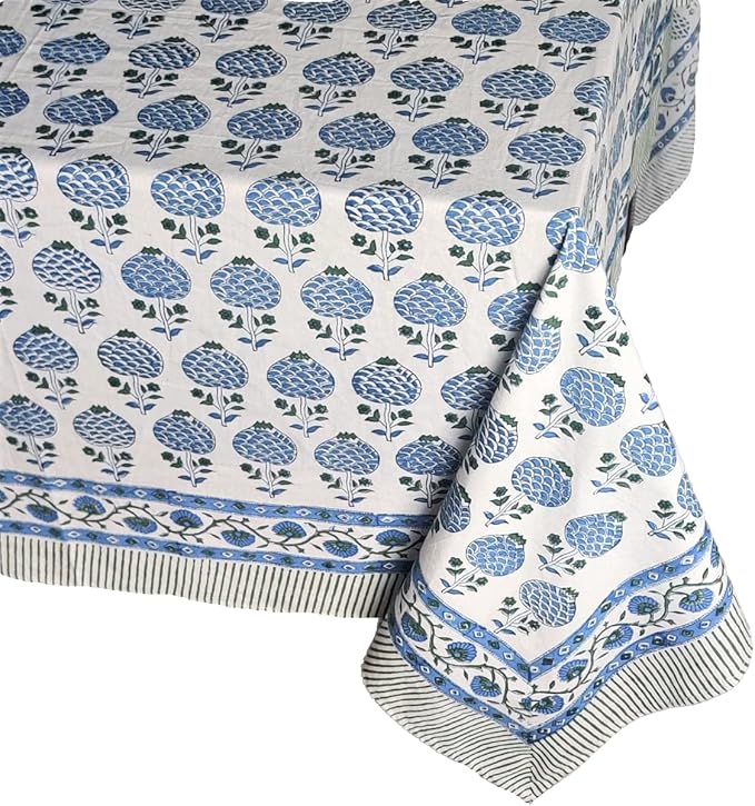ATOSII Roma Blue 100% Cotton Boho Square Fall Tablecloth, Handblock Floral Print Table Cloth Linen for Kitchen Dining I Parties, Outdoors, Weddings, Christmas, Thanksgiving Decor 60 X 60 Inches