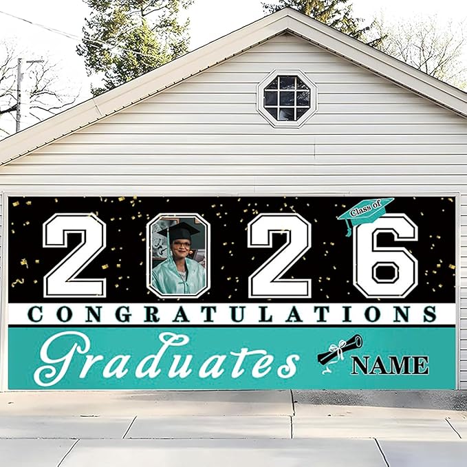 Custom Graduation Garage Door Banner Decoration 7x16ft with Photo Congrats Garage Door Cover 2026 Party Photo Booth Backdrop Party Supplies(Peacock Blue)