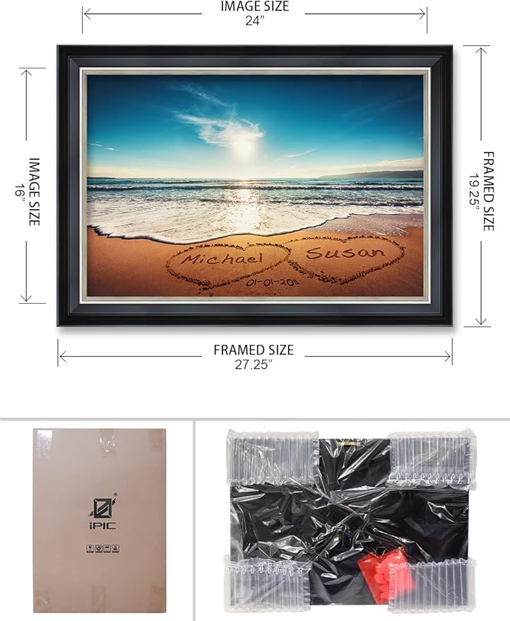 IPIC - Heart in Heart Personalized Wall Art, Customized Gift with Names and Date, Giclee Prints Framed in Solid Wood, Total Size: 27.25" W x 19.25" H