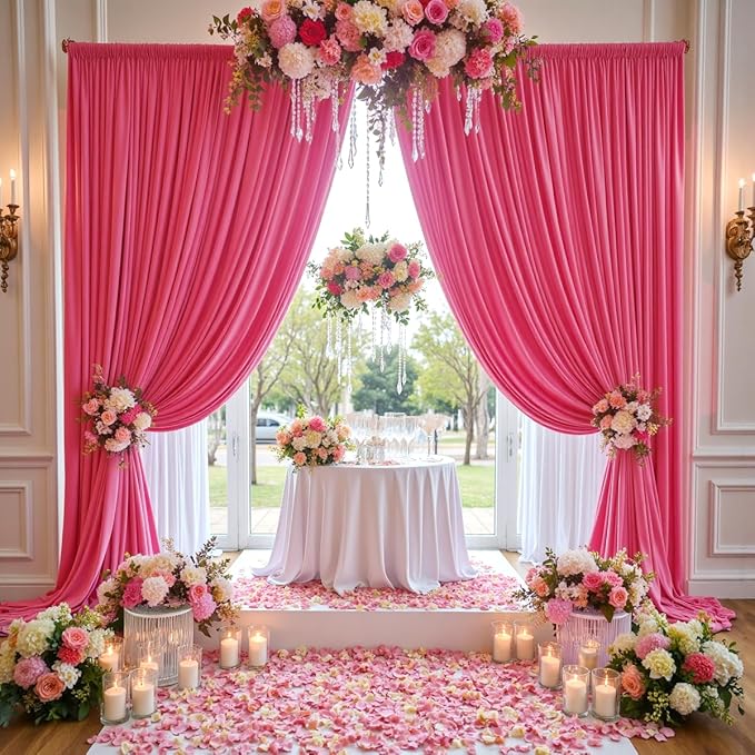 40 ft x 10 ft Wrinkle Free Fuchsia Backdrop Curtain for Parties, 8Panels Polyester Hot Pink Photo Backdrop Drapes for Wedding Birthday Party Baby Shower