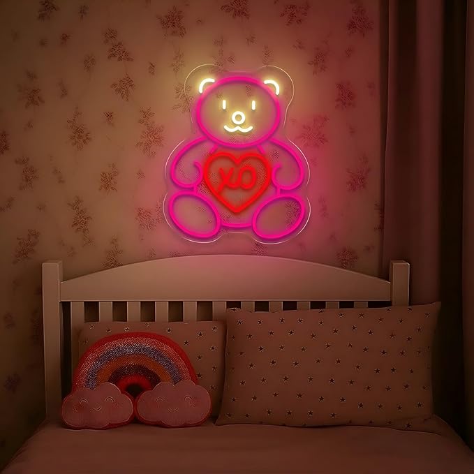 Pink Teddy Bear Neon Sign for Wall Decor, Sweet XO Heart LED Neon Light for Teen Girl Bedroom & Girlfriend Gift, Cute Neon Wall Art for Valentine’s Day Decor & Cozy Room Lighting 15.8"x12.6"