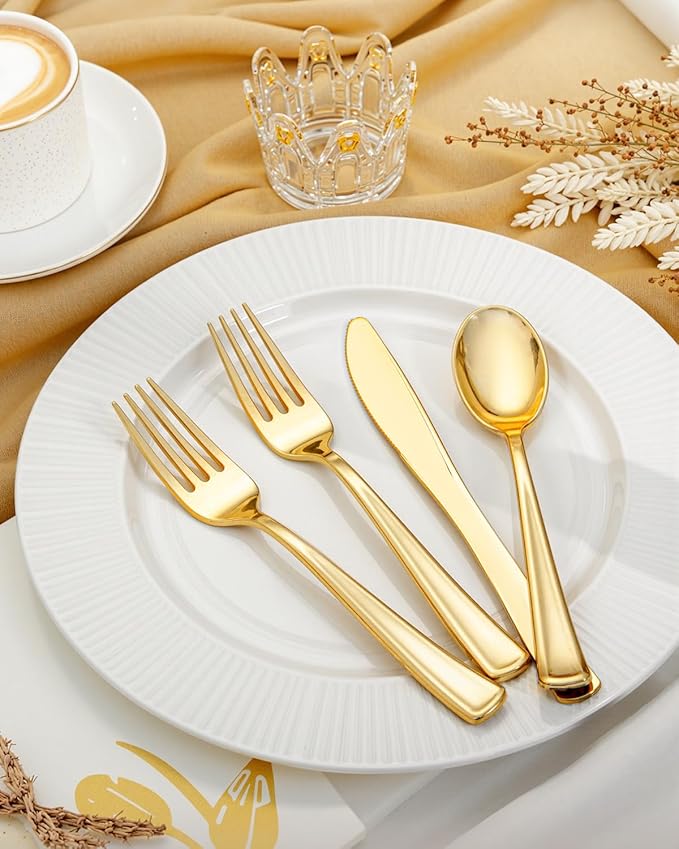 bUCLA 600 Pieces Gold Plastic Silverware - Disposable Gold Utensils - Heavy Duty Plastic Cutlery set- 200 Forks, 200 Spoons, 200 Knives for Party & Wedding