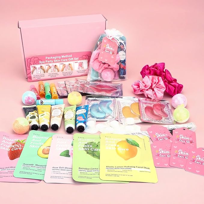 60 PCS Spa Party Supplies for Girls, Spa Party Favors Include Face Masks Skincare, Hand Cream, Lip Balm, Under Eye Patches, Lip Mask, Foot Bath Bombs, Bulk Birthday Sleepover Party Supplies for Women