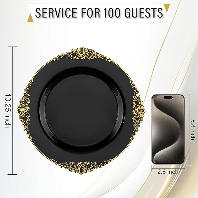Nervure 100PCS Black and Gold Plastic Plates - 10.25Inch Black Disposable Plates - Black Plastic Dinner Plates for Wedding & Party & New Year