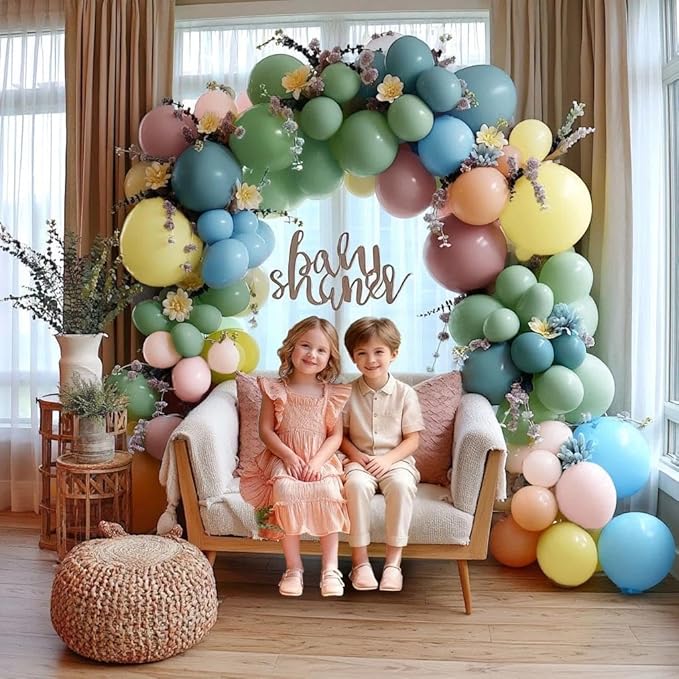 Pastel Balloon Arch Kit with Artificial Flowers, Double Stuffed Light Baby Pink Blue Yellow Green Peach Floral Balloon Garland for Wedding Baby Shower Birthday Fairy Bridal Shower Tea Party Decor