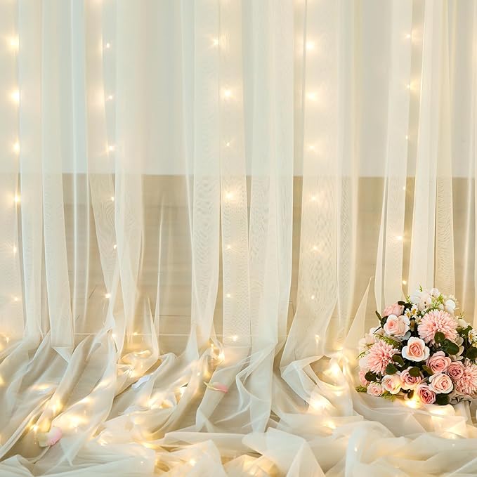 Ivory Tulle Backdrop Curtains with Lights String for Parites Wedding 20×10ft Ivory Sheer Backdrop Curtains for Baby Shower Birthday Party Photo Shoot Background Decorations(4 Panels 5ft×10ft)