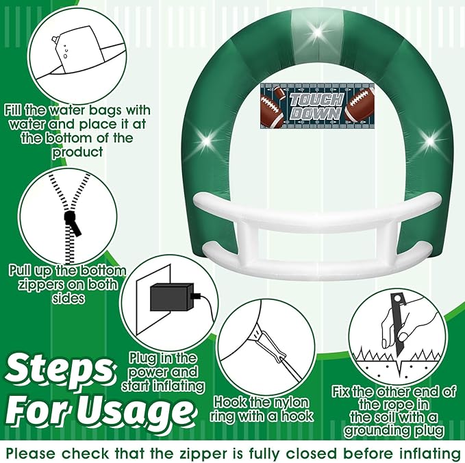 8FT Green and White Football Helmet Inflatable Arch with Game Day Banner, Giant Outdoor Blow Up Football Helmet with Built-in 3 LED Lights for Football Themed Birthday Party Lawn Yard Decoration