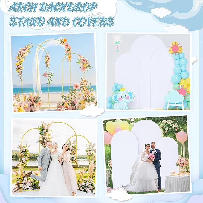 FOTSHARER Wedding Arch Backdrop Stand and White Spandex Arch Cover 6FT 5FT 4FT Set of 3 Metal Arched Frame Backdrop Stand for Parties Arch Stand Cover for Birthday Party Baby Shower Graduation Decor