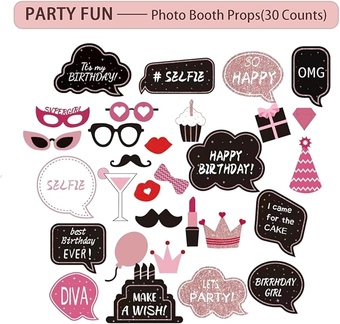Birthday Decorations For Women, 229 Pcs Rose Gold and Black Happy Birthday Supplies - Disposable Dinnerware Set with 25 Guest, Balloons, Sash, Tiara, Banner, Fringe Curtain, Photo Booth Props