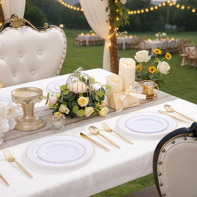 LIYH 150 Pcs White and Gold Plastic Plates - Elegant Disposable Gold Plastic Dinnerware set Include Dinner & Dessert Plates Cups for Birthday Party Wedding 30 Guests