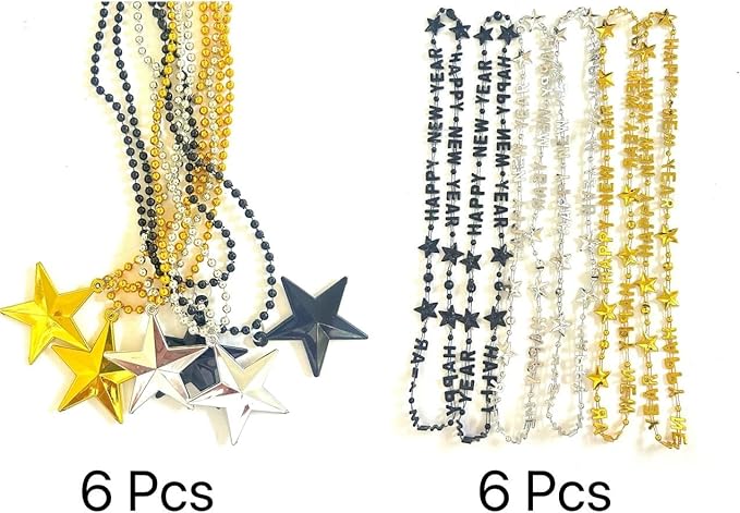 50 Pcs with 4 Styles Happy New Year Bead Necklaces Black Gold Silver New Year's Eve Jumbo Beads Necklaces New Year Party Decoration