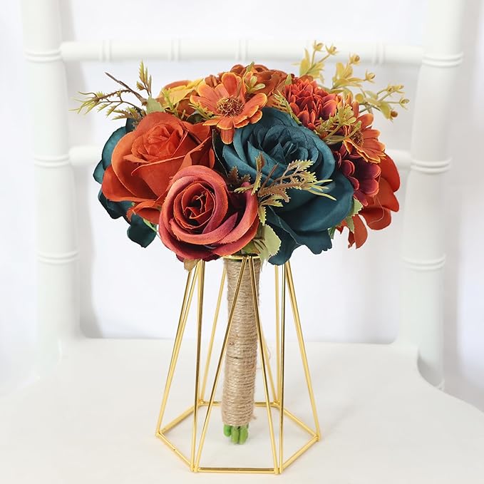 Set of 2 Bridesmaids Bouquets 7 inch Artificial Bridesmaid Bouquet for Wedding Silk Rose Small Floral Bouquet for Vintage Fall Bridal Shower Marriage Proposal Ceremony Decor - Dark Teal & Burnt Orange