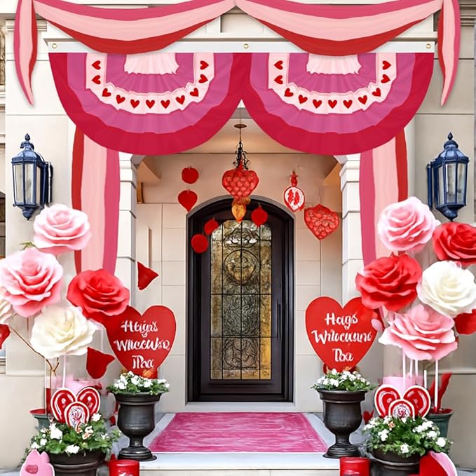 4Pcs Valentine Bunting Flags 2x4Ft Embroidered Love Heart Half Fan Valentine’s Day Galentine’s Day Decor Banner for Outdoor Porch Garden Fence Décor Engagement Party Anniversary/Wedding