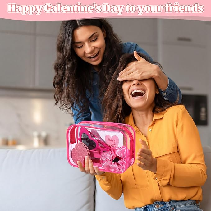 Zeyune 42 Pcs Galentine's Day Gifts Set Valentine's Pink Gift 6 Sets Include PVC Makeup Bags Glasses Mirror Hair Claw Clips Scrunchies Bracelets Greeting Cards for Women Friends Party Favors