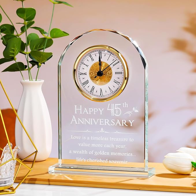 YWHL 45th Wedding Anniversary Quartz Clock Gift for Parents, 45 Year Anniversary Romantic Gifts for Couples, Happy 45th Anniversary Glass Keepsakes Decorations (Battery not Included)