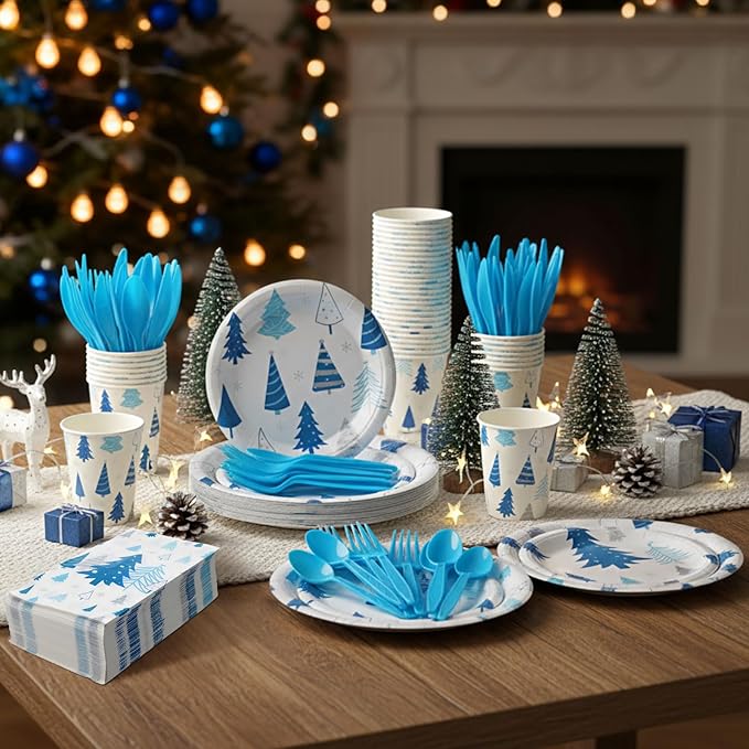 Pickmesh 400 Pcs Winter Party Supplies Blue Silver Xmas Tree Snowflake Disposable Paper Plates Napkins Cups Cutlery for Christmas Xmas Birthday Party Table Decorations Serve 50