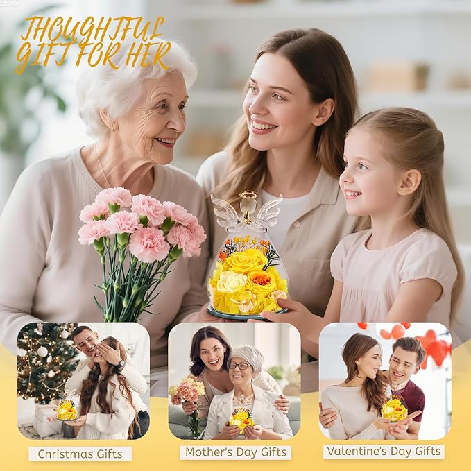 Birthday Gifts for Women Mom Preserved Rose in Glass Angel Figurines Fresh Flower for Delivery Forever Flowers Eternal Rose Valentines Day for Grandma Sister Wife Her from Daughter