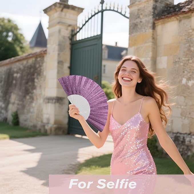 24 Pack Handheld Fan,Folding Hand Glitter Fan with Shining Transparent Fan Rib – Ideal for Wedding, Church, Festival, Dance, Tea Party, Club, and EDM Accessories, Purple