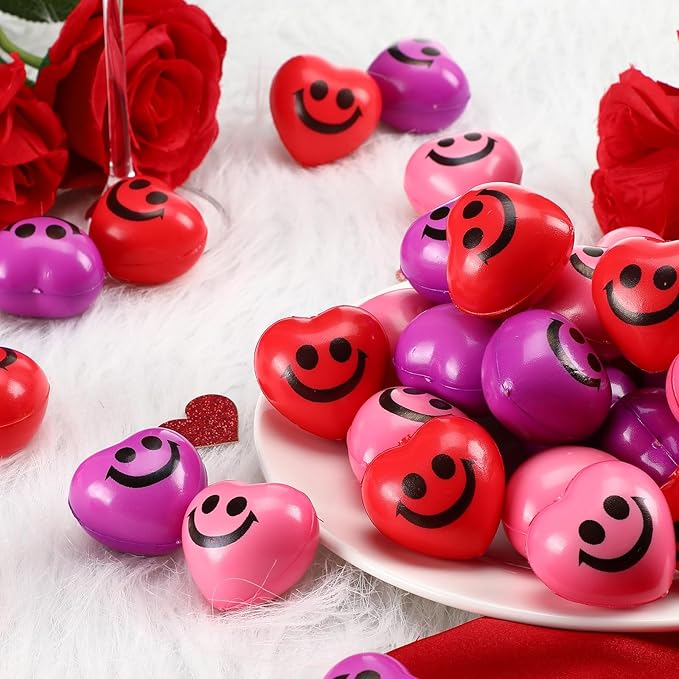 300 Pieces Valentine Day Heart Stress Balls 1.5 Inch Mini Stress Relief Balls Small Heart Shape Ball Kids Adults Wedding School Carnival Gift(Smile Face)