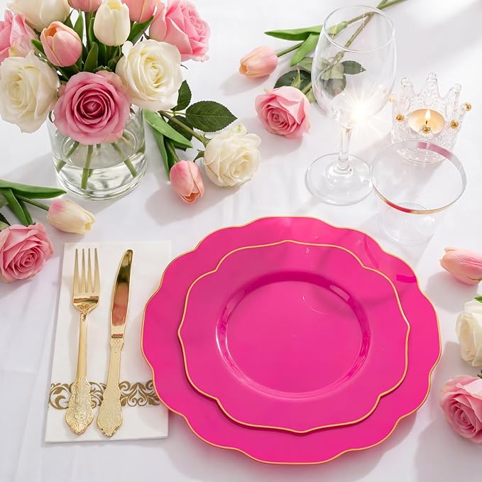 NOCCUR 175PCS Hot Pink Plastic Plates with Gold Disposable Silverware - Include 50 Hot Pink Plates,25 Knives,25 Forks,25 Spoons,25 Cups and 25 Napkins - Ideal for Party/Valentines & Galentines Day