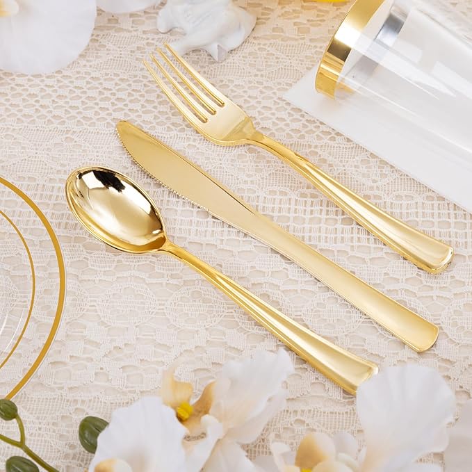 700 Pieces Gold Dinnerware Set - 100 Guests Clear Disposable Dinnerware Set for Party, Wedding, Include: 200 Clear Plates with Gold Trim, 100 Cups, 100 Napkins, 100 Plastic Silverware Sets