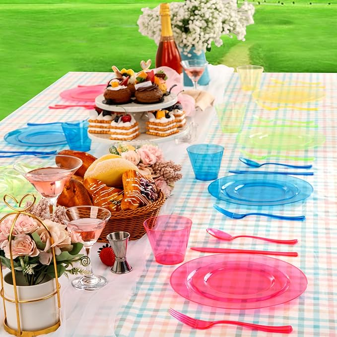 Supernal 216pcs Plastic Dinnerware Set include Rainbow Disposable Plates for Party Heavy Duty,Colorful Disposable Cups,Plastic Silveware in Neon Pink,Blue,Green,Yellow, Pefect for Birthdays