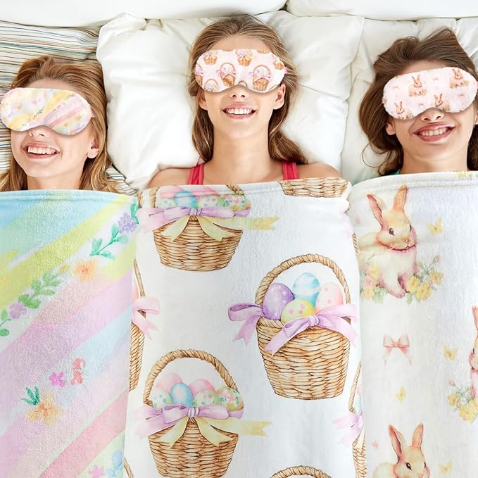 18 Pcs Easter Sleepover Party Supplies for Girls, 6 Style Easter Macarons Bow Blanket 6 Coral Fleece Spa Headband 6 Plush Macarons Eye Mask Cover for Slumber Sleepover Spa Party Gift