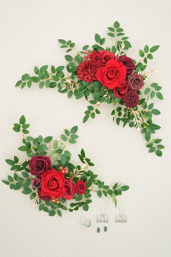 2pcs Burgundy & Red Deluxe Welcome Sign Artificial Flowers Wedding Backdrop Garland Hanging Floral Arrangements for Ceremony Reception Entryway Board Sweetheart Table