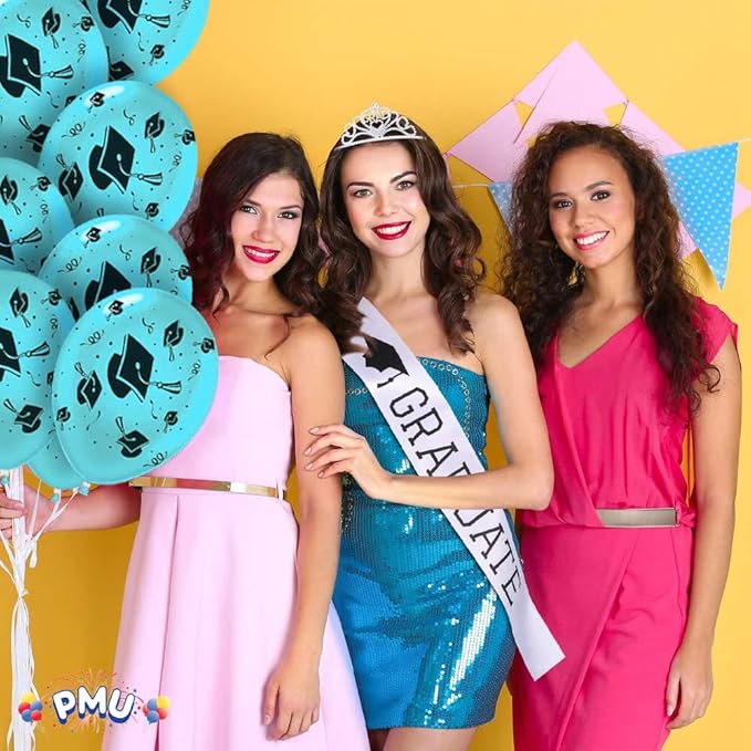PMU 100 Pcs Turquoise Graduation Balloons Class of 2025 with All-Over Print White Grad Caps-Confetti and Streamers | Graduation Party Supplies | Congratulations Grad Latex Balloons Latex