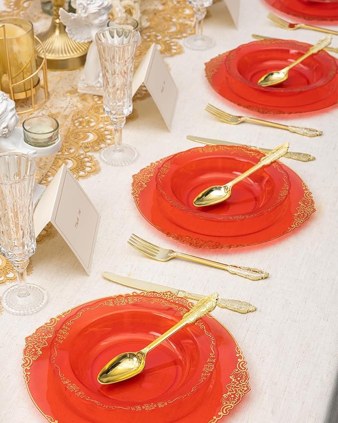 100 Pack Clear Red Plastic Bowls with Gold Rim, 12oz Plastic Salad Bowl, Disposable Bowls for Party, Dinners, Weddings, Christmas, Thanksgiving, Valentine's Day