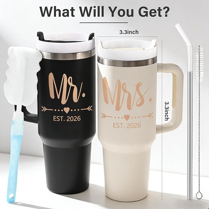 Qtencas Wedding Gifts for Couples 2026, Mr and Mrs Gifts 2026 Tumblers Set, Engagement Anniversary Wedding Gift for Newlyweds, Mr and Mrs Gift (Black & Beige)