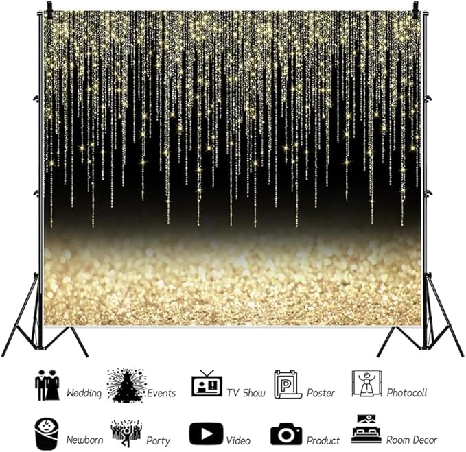 Black Gold Glitter Backdrop 12x10ft Christmas Birthday New Year Housewarming Retirement Party Graduation Background for Photography Theme Party Banner Studio Photo Booth Props