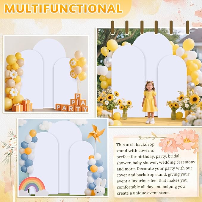 Metal Arch Backdrop Stand and Cover 6&6.6&7.2ft White Arch Backdrop Covers Gold Wedding Arched Frame Set of 3 Arch Stand with Cover for Baby Shower Wedding Banquet Reception Decor