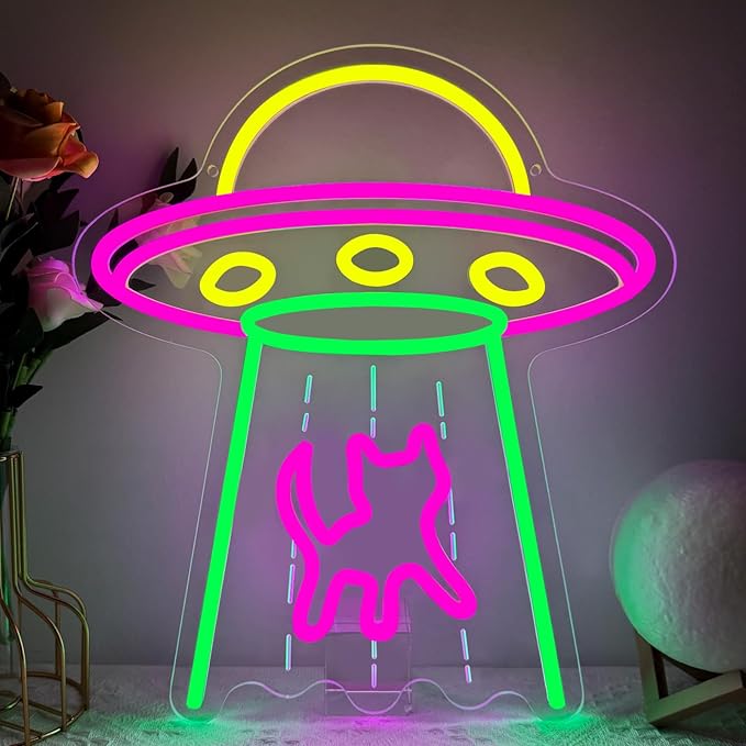 Cat Neon Sign, UFO Cat Spaceship Space Travel Led Neon Light Signs Cat Night Lamp for Astronomy Game Room Man Cave Party Decorations Bedroom Birthday Gift USB Powered(14.4” x 12.6")