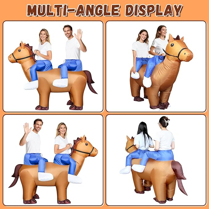 DEDC Brown Couple Inflatable Horse Costume for Adult, Funny Cowboy Blow Up Costume, 2 person Horse Rider Costumes for Men Women Friend Halloween, Cosplay, Western, Country,Hores Themed Party