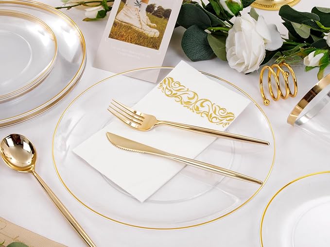 MirthMood 210Pcs Clear and Gold Plates for 30 Guests, Plastic Plates for Party, Includes:30 Dinner, 30 Dessert, 30 Paper Towels with 90 Silverware & 30 Cups