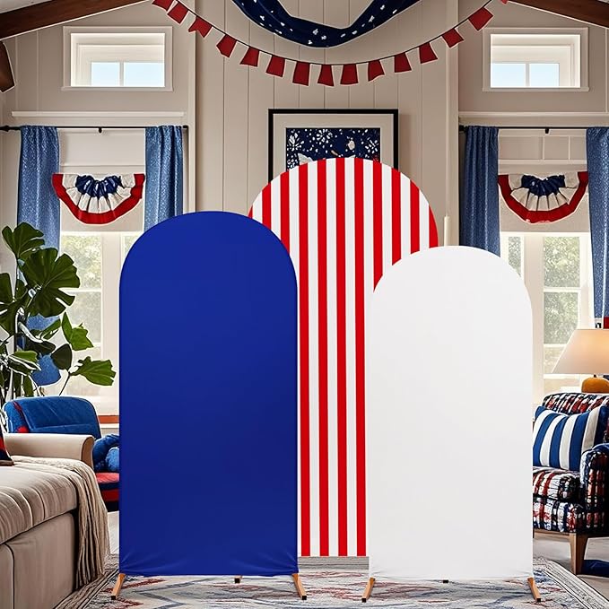 Set of 3 Patriot Day Arch Cover Theme Decoration, Veterans Day Blue and Red Print Arch Cover Stretch Spandex Fitted for Birthday Party, 4ft, 5ft, 6ft(Classic)