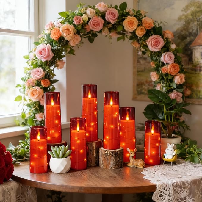 Flickering Flameless LED Candles,Battery Operated Candles 24 Pcs with Embedded Star String,Acrylic LED Pillar Candles with Remote,Suitable for Home Decoration to Create an Atmosphere (Red)