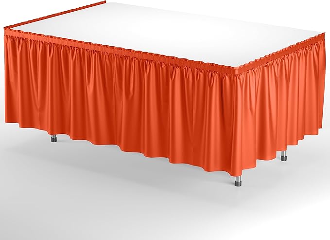 Exquisite Ruffle Table Skirt Orange 48 Pack 14 Ft Long Table Skirts for Rectangle Tables 6ft Plus or Round Tables Skirts with Adhesive Strip for Gender Reveal Decor & Happy Birthday Parties