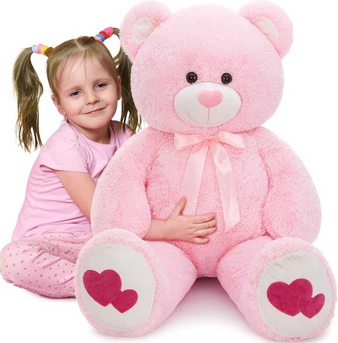 Tezituor Giant Teddy Bear Stuffed Animal 4ft - Big Pink Teddy Bear with Love Red Heart - Large Stuffed Bear Plush Toys for Kid Christmas Birthday - Valentines Bear Gift for Girlfriend