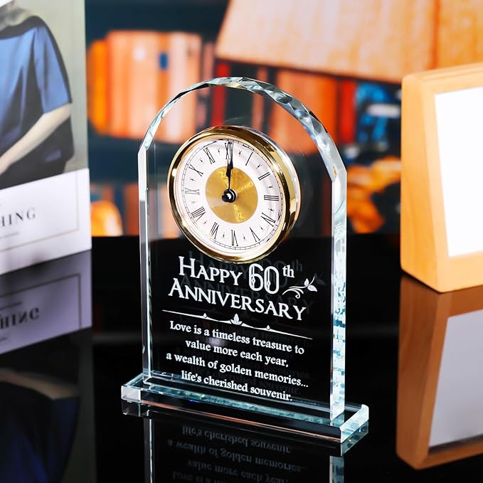 YWHL Happy 60th Anniversary Quartz Clock Gifts for Parents Grandparents, 60 Year Wedding Anniversary Glass Keepsakes Gifts for Couple, 60th Marriage Party Decorations (Battery not Included)