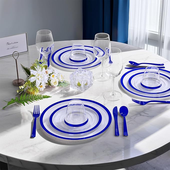 I00000 700 Piece Blue Plastic Dinnerware Set for Party, Clear Disposable Plates for 100 Guests, Include: 100 Dinner Plates, 100 Dessert Plates, 100 Pre Rolled Napkins with Cutlery Set, 100 Cups